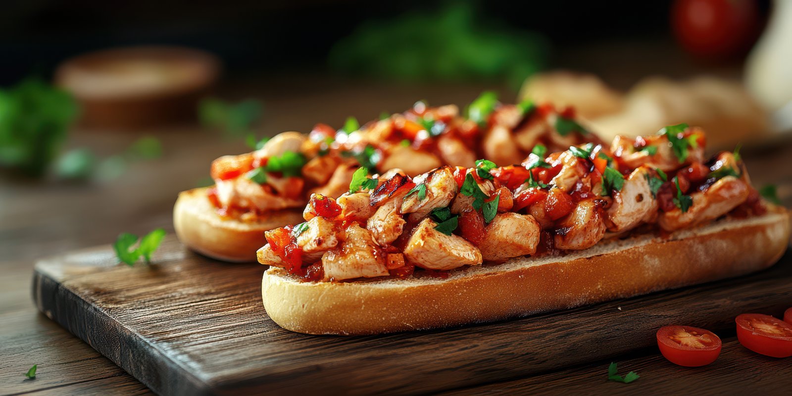Freshly made chicken sandwich on a wooden board garnished with herbs and tomatoes in a rustic kitchen setting